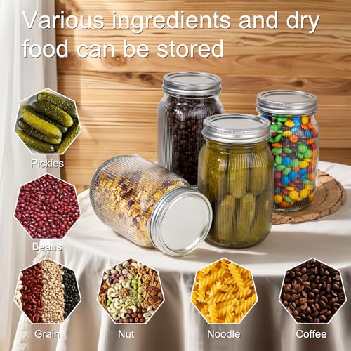 WELLIFE 6 Pcs Wide Mouth Mason Jars 32 OZ,Large Mason Jars for Food Storage, Overnight Oats,Honey,Sauces,Meal Prep,Salad,Yogurt - color: Clear Stripe Mason Jars 32oz-6Pcs