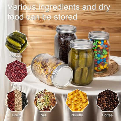 WELLIFE 6 Pcs Wide Mouth Mason Jars 32 OZ,Large Mason Jars for Food Storage, Overnight Oats,Honey,Sauces,Meal Prep,Salad,Yogurt - color: Clear Stripe Mason Jars 32oz-6Pcs