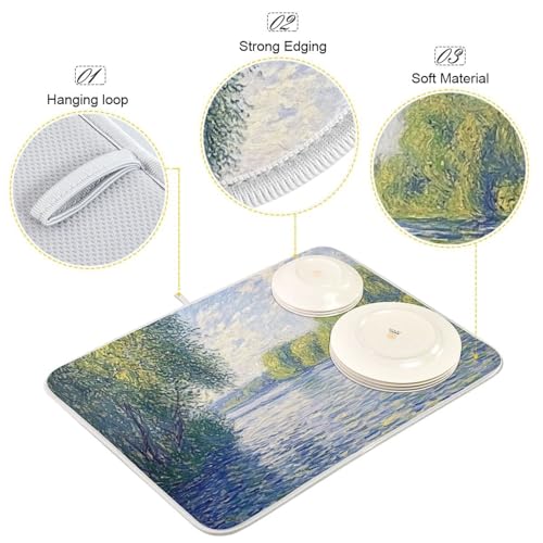 Watercolor River Trees Dish Drying Mat for Kitchen Counter Super Absorbent Draining Mat with Non-slip Backed Dishwashing Mat for Dish Bottles Cups Bowl Countertops Sinks Draining Racks