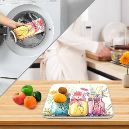 Mason Jar Flower Dish Drying Mat Dishes Pad Absorbent Fast Dry Dish Drainer Mat Protector for Kitchen Counter 18x14 Inches - size: 18" x 24"