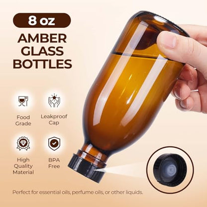 24 Pack 8 OZ Amber Glass Bottles with Lids, Leakproof Glass Bottles for Vanilla extract, Shampoo, Tinctures, Essential Oils, Homemade Hot Sauce, Syrup, Boston Round Brown Bottle - color: Amber