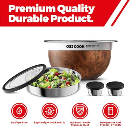 74oz Salad Bowl Kit with Lid & Tray, Scratch-Resistant 18/8 Stainless Steel Salad Bowls To Go For Lunch, Large Leak-Proof Container with 2 Condiment Canisters, Wood - color: Brown
