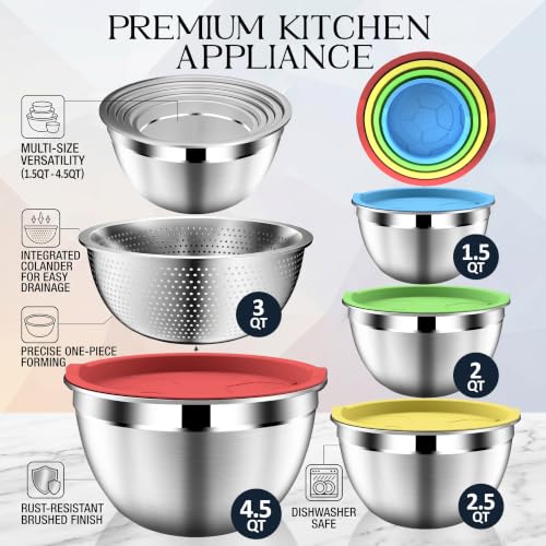 DUTZUN Colorful Mixing Bowls with Strainer, Mixing Bowl with Lids Set, Stainless Steel Mixing Bowls, Kitchen Gadgets Salad Bowls with Strainer for Mixing & Preping & Serving - style: 9PCS Multicolor