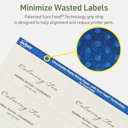 Avery Dissolvable Rectangle Labels, Sure Feed Technology, 2" x 4", Matte White, Laser/Inkjet Printable, 100 Labels Total, Freezer-Safe, Microwave-Safe, Refrigerator-Safe - style: 100 labels