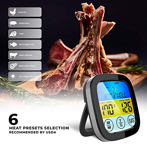 Digital Touchscreen Food Thermometer for Meat Poultry Fish Cooking in Frying Pan Smoker Oven BBQ Grill with Sensitive Color LCD Display | All Temperature and Timer Modes | Best Taste Results (Silver)