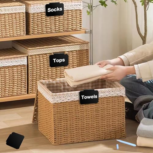 Basket Labels Clip Set - 12 Removable PVC Bin Label Holders with 2 Chalk Markers - Kitchen Clip Labels for Storage Baskets, Boxes, and Containers - style: Rectangular 12