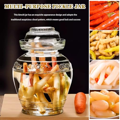 Auspicious Cloud Relief Pattern Pickle Jar, Traditional Fermentation Crock with Inner Cover, Thickened Glass Kimchi Tank, Egg/Carrot/Kohlrabi(10kg/352.7oz) - size: 10kg/352.7oz