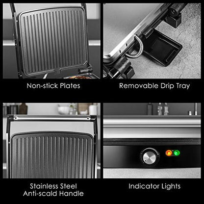 OSTBA Panini Press Grill with Adjustable Temperature, 4-Slice Indoor Grill, 180° Open Sandwich Maker with Drip Tray, Non-Stick Plates, Stainless Steel, 1200W - style: ABC19