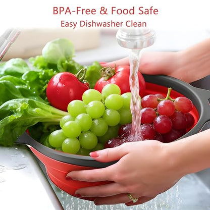 UVB Collapsible Colander Set, Space-Saving Foldable Kitchen Strainer for Pasta, Vegetables & Fruit, Colander for Kitchen with 2 Stainless Steel Hooks & 1 Silicone Funnel – Red - color: Red