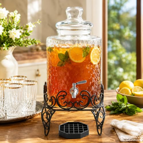 2.5 Gallon Glass Beverage Dispenser with Stand & Stainless Steel Spigot – Large Mason Jar Drink Dispenser for Sun Tea, Kombucha, Iced Tea, Lemonade, Sangria & Cold Drinks