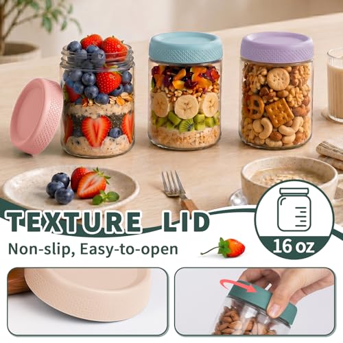 12 Pack Mason Jars, 16oz Overnight Oats Glass Jars, Wide Mouth Overnight Oats Containers with Lids, Small Parfait Cups with Lids for Yogurt, Storage, Chia, Snack, Salad, Spice, Seed - color: Mixed Color-12P