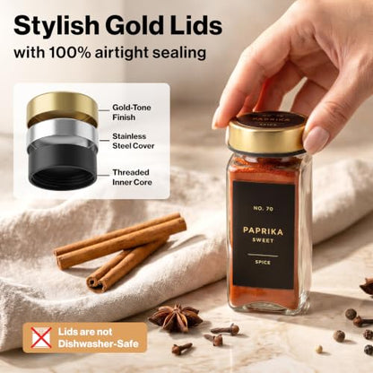EDELHAUS Glass Spice Jars with Label, 24x Gold Stainless Steel Lids | Airtight Lids keep spices fresh, Kitchen Spice Drawer Organizer, 4oz Seasoning Containers incl. Funnel, Brush & 240 Labels - color: Gold Steel Lid