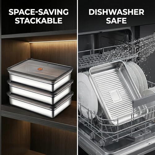 Stainless Steel Food Storage Containers, Silver, Airtight with Vacuum Seal, Stackable Rectangular, 3-Piece Set, BPA-Free Lids, for Meal Prep and Leftovers Storage(Shallow- 1.9'' Height) - color: Black - 1.9'' Height