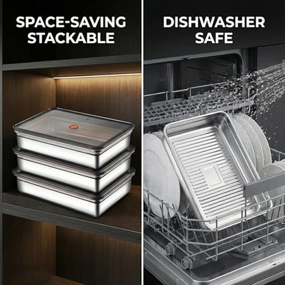 Stainless Steel Food Storage Containers, Silver, Airtight with Vacuum Seal, Stackable Rectangular, 3-Piece Set, BPA-Free Lids, for Meal Prep and Leftovers Storage(Shallow- 1.9'' Height) - color: Black - 1.9'' Height