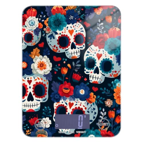 Food Scale Kitchen Digital Scale Food Ounces and Grams Dieting Baking Cooking Waterproof Glass Panels LCD Display,4 Units Scale Tare Function Some Blue Skull Halloween - color: Skull 07