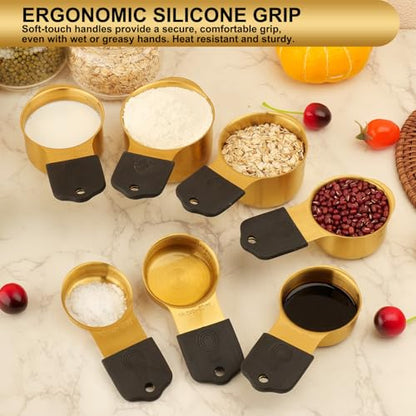 Gold Magnetic Measuring Cups & Spoons Set of 16, 7 Stainless Steel Measuring Cups, 8 Double-Sided Measuring Spoons & 1 Leveler, Premium Finish Baking Tools Kitchen Gadget for Dry & Liquid Ingredients - color: Gold