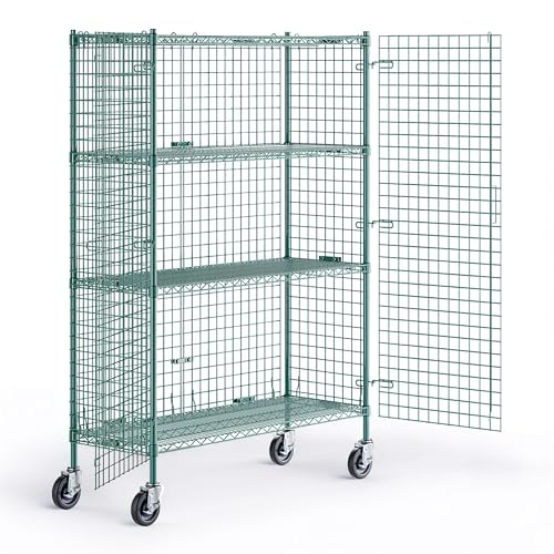 18" x 48" x 69" NSF Heavy Duty Mobile Green Epoxy Wire Shelves with Security Cage Kit, 4 Tier Metal Commercial Storage Rack with Wheels - color: Green, size: 18" x 48" x 69" with Wheels