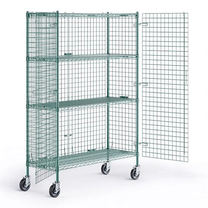 18" x 48" x 69" NSF Heavy Duty Mobile Green Epoxy Wire Shelves with Security Cage Kit, 4 Tier Metal Commercial Storage Rack with Wheels - color: Green, size: 18" x 48" x 69" with Wheels