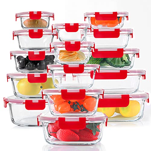 KOMUEE 30 Pieces Glass Food Storage Containers Set, Meal Prep Containers Set with Snap Locking Lids, Airtight Glass Lunch Containers, Microwave, Oven, Freezer & Dishwasher, Red - color: Red
