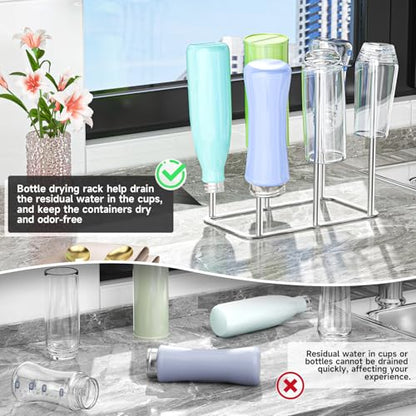 Water Bottle Drying Rack Reusable Bottle Rack Dryer Kitchen Stand Holder Metal Countertop Baby Bottle Drying Rack Water Cup Drying Rack for Plastic Bags, Bottles and Cups (Sliver, Large) - size: Large