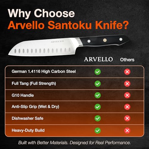 ARVELLO Santoku Knife - 7-Inch Japanese-Style All Purpose Knife for Home Cooks & Professional Chefs - German High Carbon Stainless Steel Blade, Full Tang, G10 Handle, Ultra-Sharp Edge
