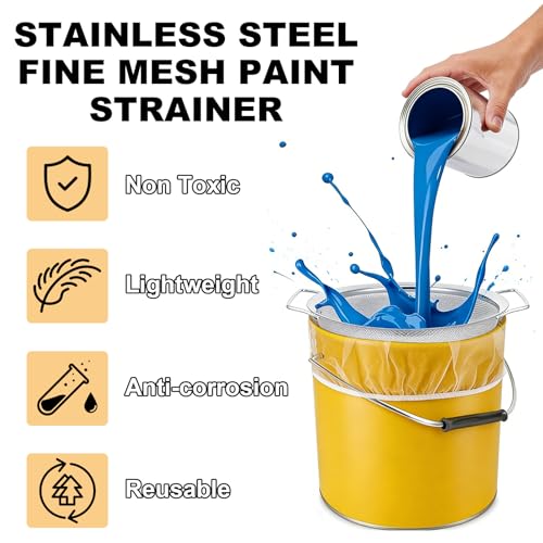 4 Pack Fine Mesh Paint Strainer with Handle, 60 Mesh Stainless Steel Paint Filter, Emulsion Honey Funnel Filter Cover Fits 1 2 3 5 Gallon Paints Bucket Filters Tool Insert