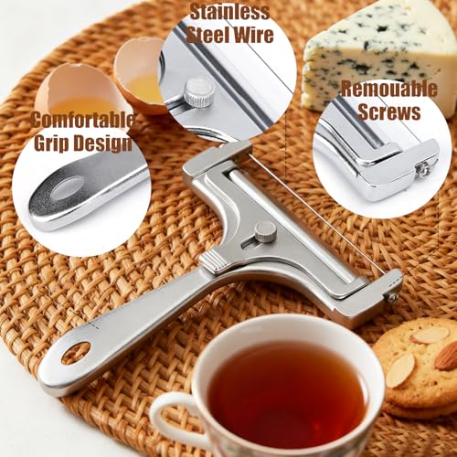 OYEWALLS Adjustable Wire Cheese Slicer for Block Cheese, Handheld Stainless Steel Cheese Cutter with 4 Extra Wires, Premium Rolling Cheese Wire Slicer for Mozzarella, Cheddar, Gruyere - color: Silver