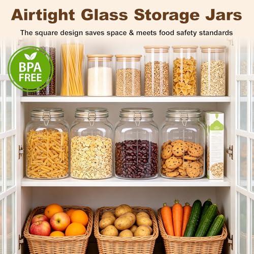 2 Pack 1.1 Gallon Square Super Wide Mouth, Airtight Glass Storage Jars, with Measurement Marks, Leak-Proof Lids for Kitchen Pantry, Canning, Dry Food (Flour, Sugar) & Drinks - size: Wide Mouth Set of 2