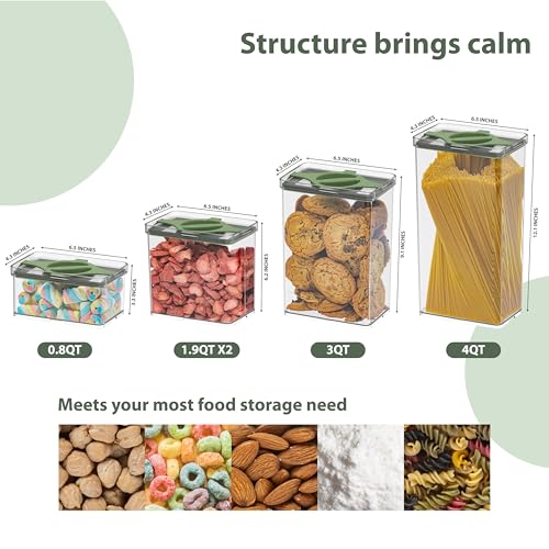 5-Piece SAN Airtight Pantry Storage Container Set, Leakproof Twist-Lock Lids, BPA-Free Stackable Canisters for Sugar, Flour, Pasta, Cereal & Snacks (0.8qt, 1.9qt ×2, 3qt, 4qt) - color: Green