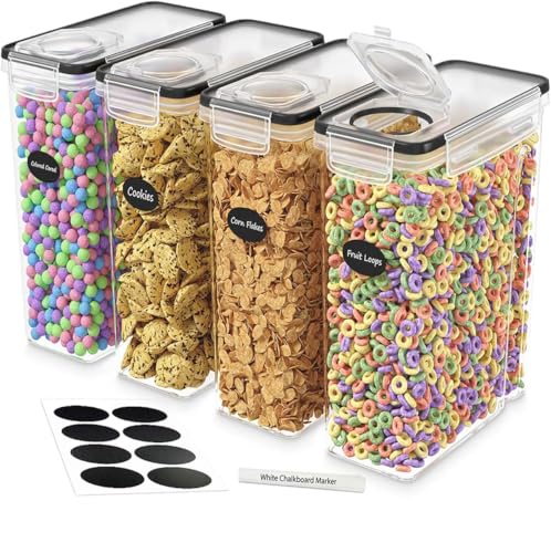 DWËLLZA KITCHEN Cereal Containers Storage 4L Set of 4 Airtight Food Storage Containers with Lids Cereal Dispenser Countertop Pantry Organization Canister for Rice Flour & Sugar 1 Marker 8 Labels - color: 4 Pack