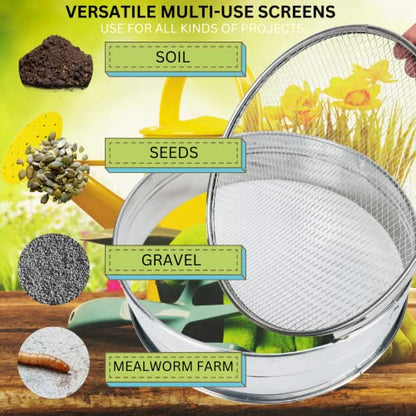 HOMEGARDEN 8" Soil Sieves Set | 5 Pc Set Includes 1 Stainless Steel Frame + 4 Sieve Screens | Screen Sizes 0.5mm, 1mm, 2mm, 3mm | Great for Sifting Rocks, Seeds, Dirt, Compost and Potting Soil