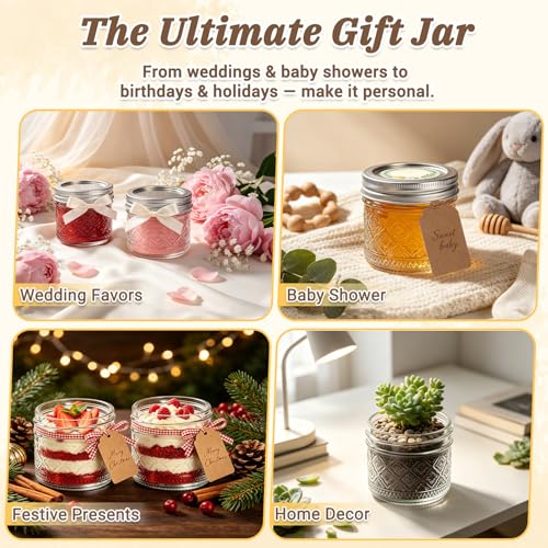 STARSIDE 4oz Mini Glass Mason Jars 12-Pack with Airtight Split Lids | Embossed Small Regular Mouth Canning Jars for Jams, Jelly, Honey, Snacks, Candy, Spices, DIY Gifts & Wedding Favors - color: Clear06-4oz