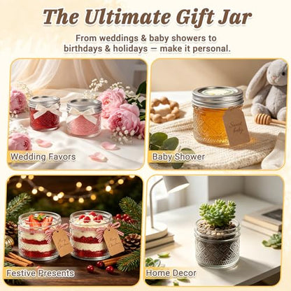 STARSIDE Mini Glass Mason Jars 4oz 24-Pack with Airtight Split Lids | Embossed Small Canning Jars for Jams, Jelly, Honey, Snacks, Spices, DIY Gifts & Wedding Favors - color: Clear05-4oz