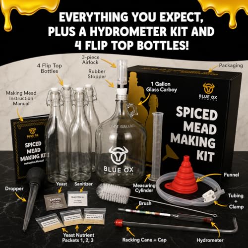 SPICED Mead Making Kit with Storage Bottles, Hydrometer & Extra Yeast Nutrients - Honey Wine Making Kit - Mead Kit Complete - Mead Supplies for 1 Gallon of Mead – Mead Brewing Kit - color: King's Reserve