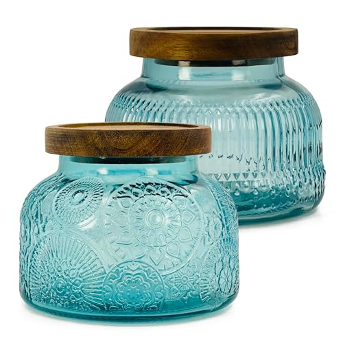 Decorative Blue Glass Jar with Airtight Wooden Lid 25.4 oz 2 pc, Wide Mouth Vintage Kitchen Food Storage Containers for Cookie Candy Honey Flour Spice Coffee Tea, Home Decor Sand Candle Holder Vase - size: 25.4 Ounces, style: Blue 2pc