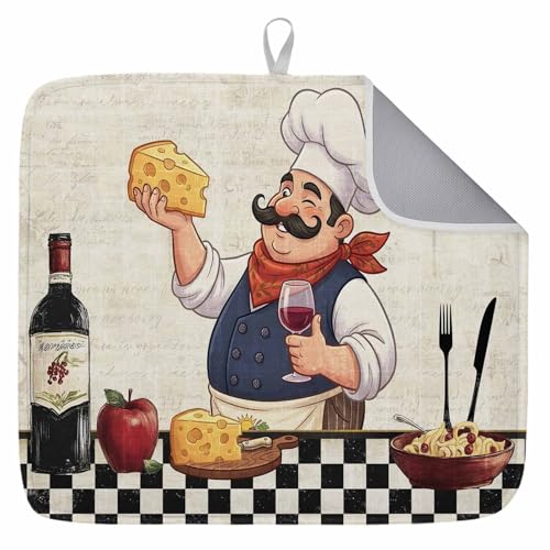 Retro Cartoon Chef Dish Drying Mat, Vintage Wine Cheese Farmhouse Traditional Absorbent Dish Drainer, Dish Drying Pads for Sink, Draining Rack, Kitchen Counter, Coffee Bar, 18"x24", 1PC - size: 18"x24" (Pack of 1)