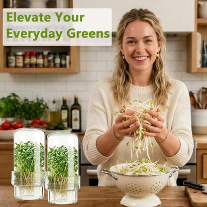 Sprouting Jar Kit, 2 Pack Wide Mouth Mason Jar Sprouter with Stainless Stee Screen Lids & Mess-Free Drip Covers Complete Indoor Microgreens Growing Kit Broccoli Alfalfa Gardening Gift