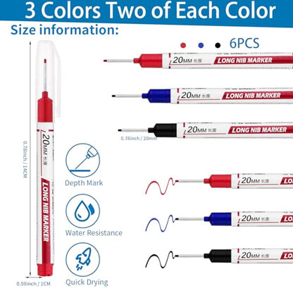 6 PCS Long Head Deep Hole Marker Pens,20mm Long Nib Marker, Longs Nose Markers, Waterproof Construction Markers Marking Tool,Permanent Markers Carpenter Ink marker Pens,Metal marking Pens 02 - color: 6PCS-20MM-Red/Blue/Black