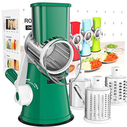 Cambom Rotary Cheese Grater Hand Crank Cheese Shredder for Fresh Cheese, Vegetable, Nuts,Non-slip Suction Base, Three Blades, Dark Green - color: Dark Green, size: 3 BLADES