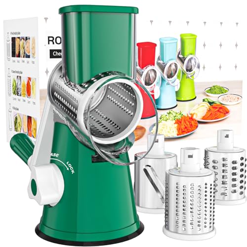Cambom Rotary Cheese Grater Hand Crank Cheese Shredder for Fresh Cheese, Vegetable, Nuts,Non-slip Suction Base, Three Blades, Dark Green - color: Dark Green, size: 3 BLADES
