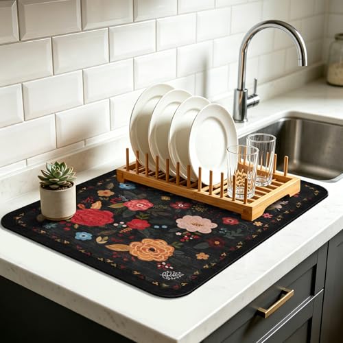 Vintage Floral Dish Drying Mat 18x24 Inch, Dish Mat Drying Kitchen Mats for Extra Large Absorbent Countertop, Aesthetic Boho Drying Matt Kitchen Counter Washable Heat Resistant Dish Drainer Rack Mat - color: Bohemian Flowers-1, size: 24" x 18"