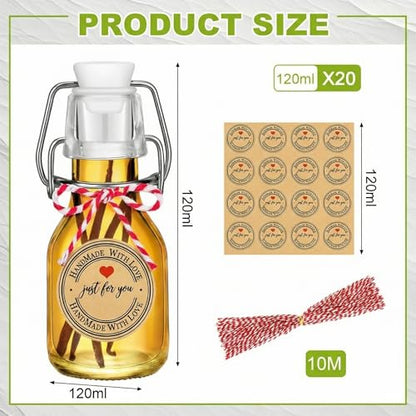 Teenyyou 20 PCS 4.05OZ Mini Flip Top Square Glass Bottle with Stoppers Decorative Swing Top Bottles Small Glass Bottles with Lids Kraft Adhesive Round Stickers for Wedding Vanilla Extract Party Favors