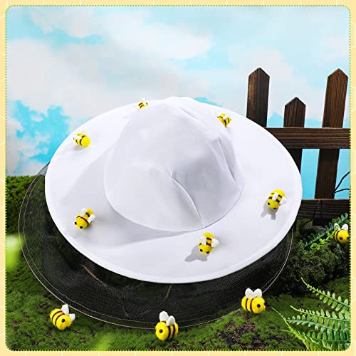 Unittype 22 Pcs Halloween Beekeeper Costume Set Including 2 Bee Keeper Hat and Veil, 10 Wool Felt Bee, 10 Round Double Sided Tape Beekeeper Helmet Bug Insect Hats with Netting for Men Women Adult