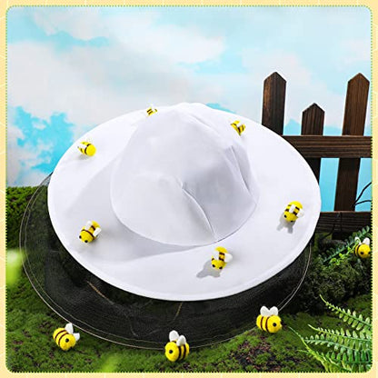 Unittype 22 Pcs Halloween Beekeeper Costume Set Including 2 Bee Keeper Hat and Veil, 10 Wool Felt Bee, 10 Round Double Sided Tape Beekeeper Helmet Bug Insect Hats with Netting for Men Women Adult