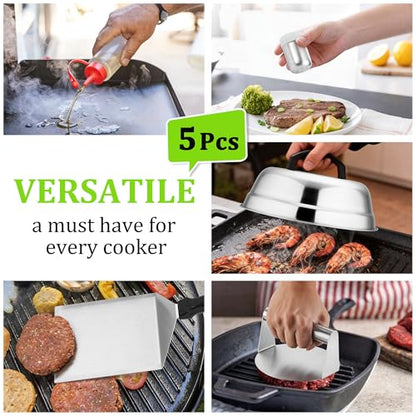Smash Burger Kit 5Pcs, HaSteeL 9" Basting Cover, Metal Spatula and Bacon Press for Griddle, Heavy Duty Stainless Steel Spatula, Griddle Accessories Kit Perfect for Flat Top Teppanyaki Grilling Cooking