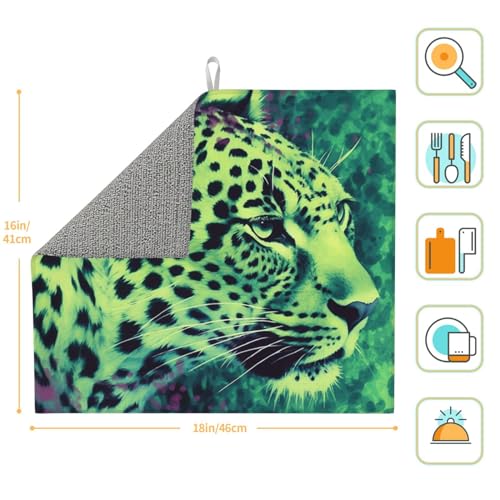 Green Leopard Print Dish Drying Mat for Kitchen Counter Ultra Absorbent Microfiber Dishes Drainer Mats Washable Drying Pads for Sinks 16 x 18 In - color: Green Leopard