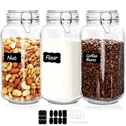 Flrolove 78oz Glass Storage Jars with Airtight Lids Set of 3 | Air Tight Pantry Storage Containers, Square Large Mason Jars, Perfect for Kitchen Canning Cereal, Pasta, Flour, Coffee Beans - size: 78oz*3-square