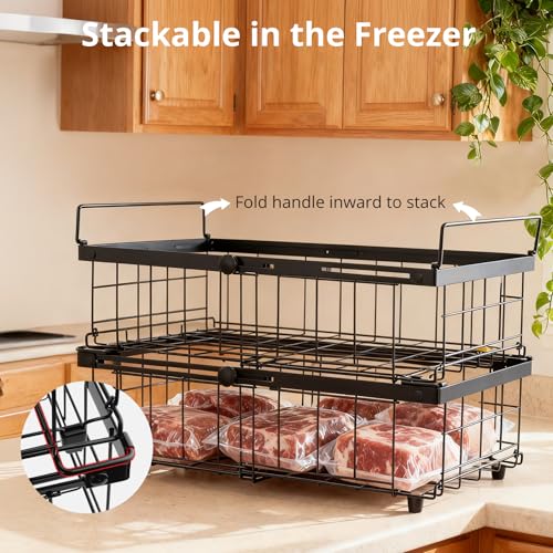 Tanice 2 Pack Freezer Organizer Bins, Expandable Stackable Chest Freezer Organizer with Foldable Handle, Thickened Metal Freezer Baskets for Deep Freezer, Kitchen Pantry - Black