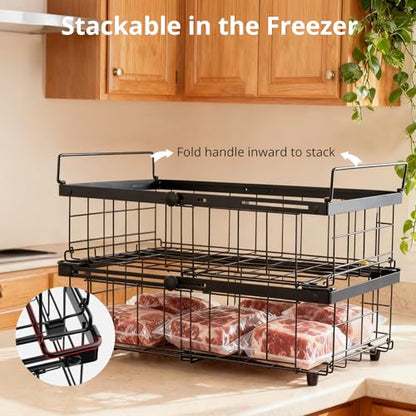 Tanice 2 Pack Freezer Organizer Bins, Expandable Stackable Chest Freezer Organizer with Foldable Handle, Thickened Metal Freezer Baskets for Deep Freezer, Kitchen Pantry - Black