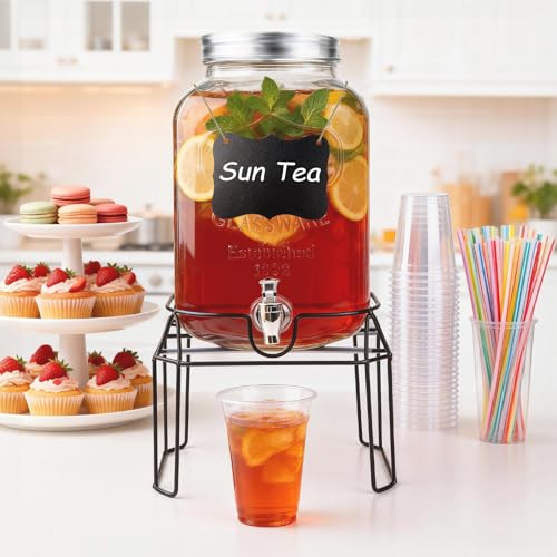 2 Gallon Glass Drink Dispensers For Parties,Beverage Dispenser with Stand,Fruit Infuser,Mason Jar Water Dispenser for Juice/Tea,Lemonade Dispenser for Parties,BPA Free Clear Water Pitcher with Spigot - size: 2 Gallon With Stand